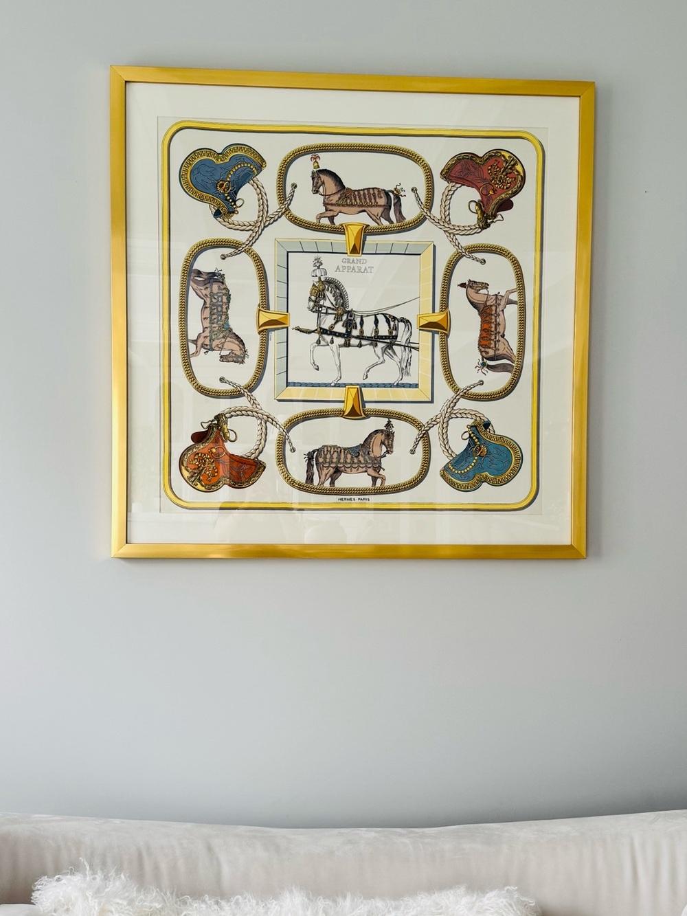 Hermes Gold Framed Equestrian Silk-Style Wall Art with Blue and Orange Accents